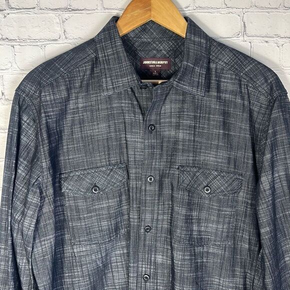 Johnston & Murphy Black Plaid Button Down shirt L Large 100% cotton - Picture 2 of 7